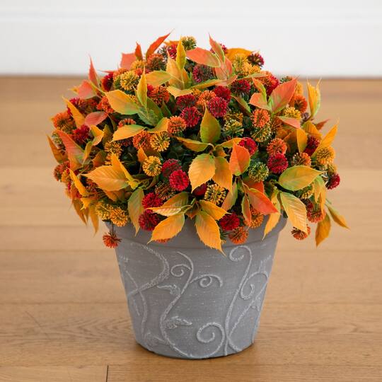 15.5" UV Resistant Autumn Artificial Mixed Fall Mum in Decorative Gray Planter